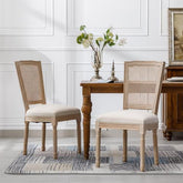 Bellemave® French Style Solid Wood Frame Linen Fabric Square Rattan Back Dining Chair,Set of 2 - Bellemave
